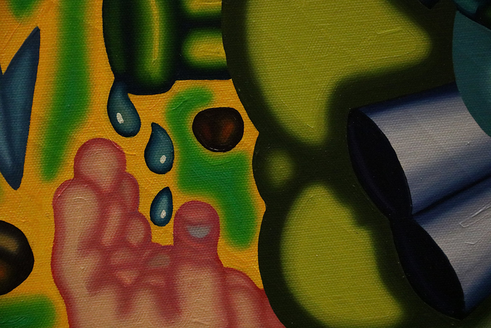 A close-up of a colorful painting resembling a cartoon.