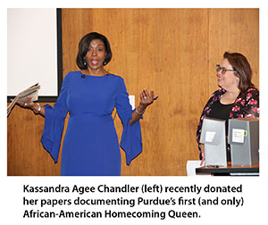 Purdue University's first African-American Homecoming Queen Kassandra Agee Chandler and Purdue University Archivist Sammie Morris