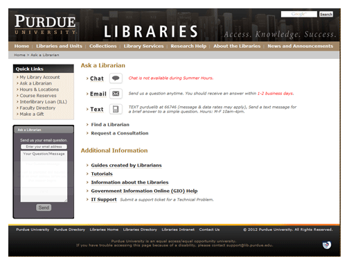 Ask A Librarian homepage 2012