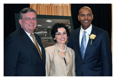 Library Dean James Mullins, Purdue President France Cordova, and Roland Parrish