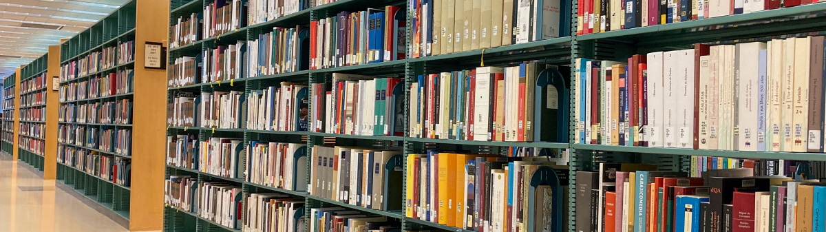 bookshelves in the library in Stewart Center